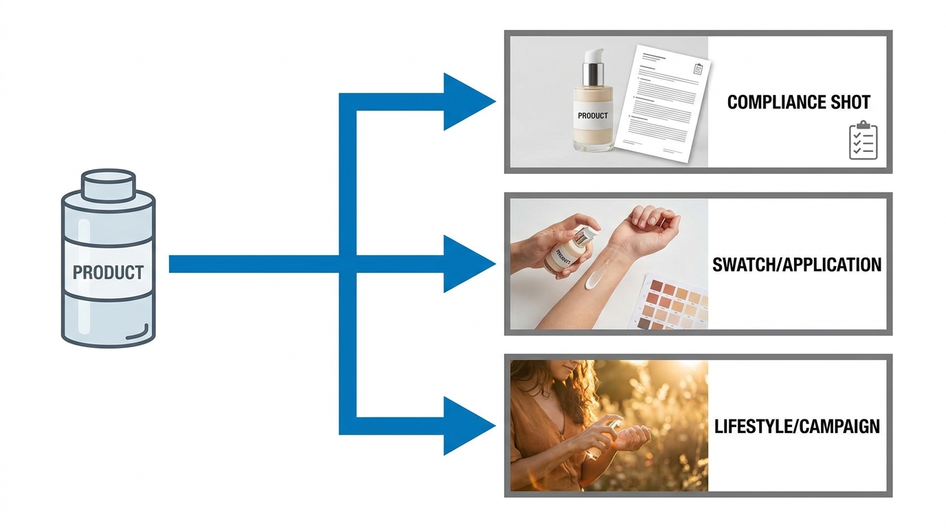 Horizontal flow: one product bottle icon branching into three arrows leading to three thumbnails — 'Compliance shot', 'Swatch/application', 'Lifestyle/campaign'.
